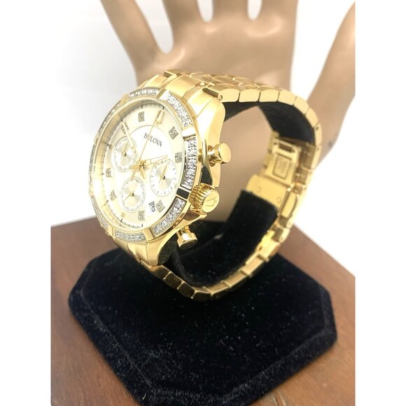 Bulova Men's Watch 98E113 Quartz Chronograph Diamond Slver Dial Gold Steel 42mm - Picture 2 of 15